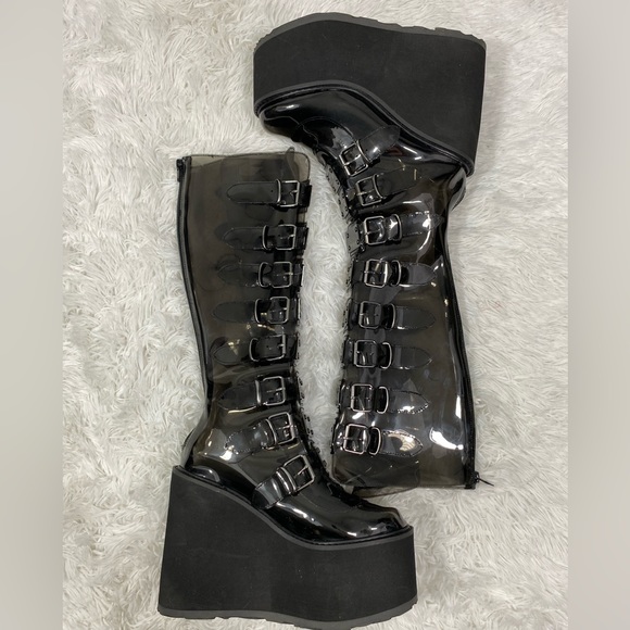 DEMONIA Trinity Clear Vinyl Knee High Platform Boots Buckles Smoke Gray Black 9 - Picture 6 of 14